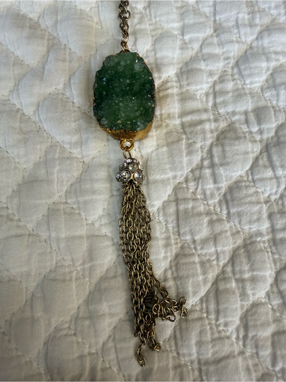 Green Druzy Tassel Pendant Necklace - Gold Chain